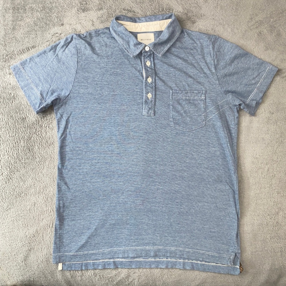 Billy Reid Polo Shirt Mens M Blue Micro Stripe Cotton Short Sleeve Pique Pocket